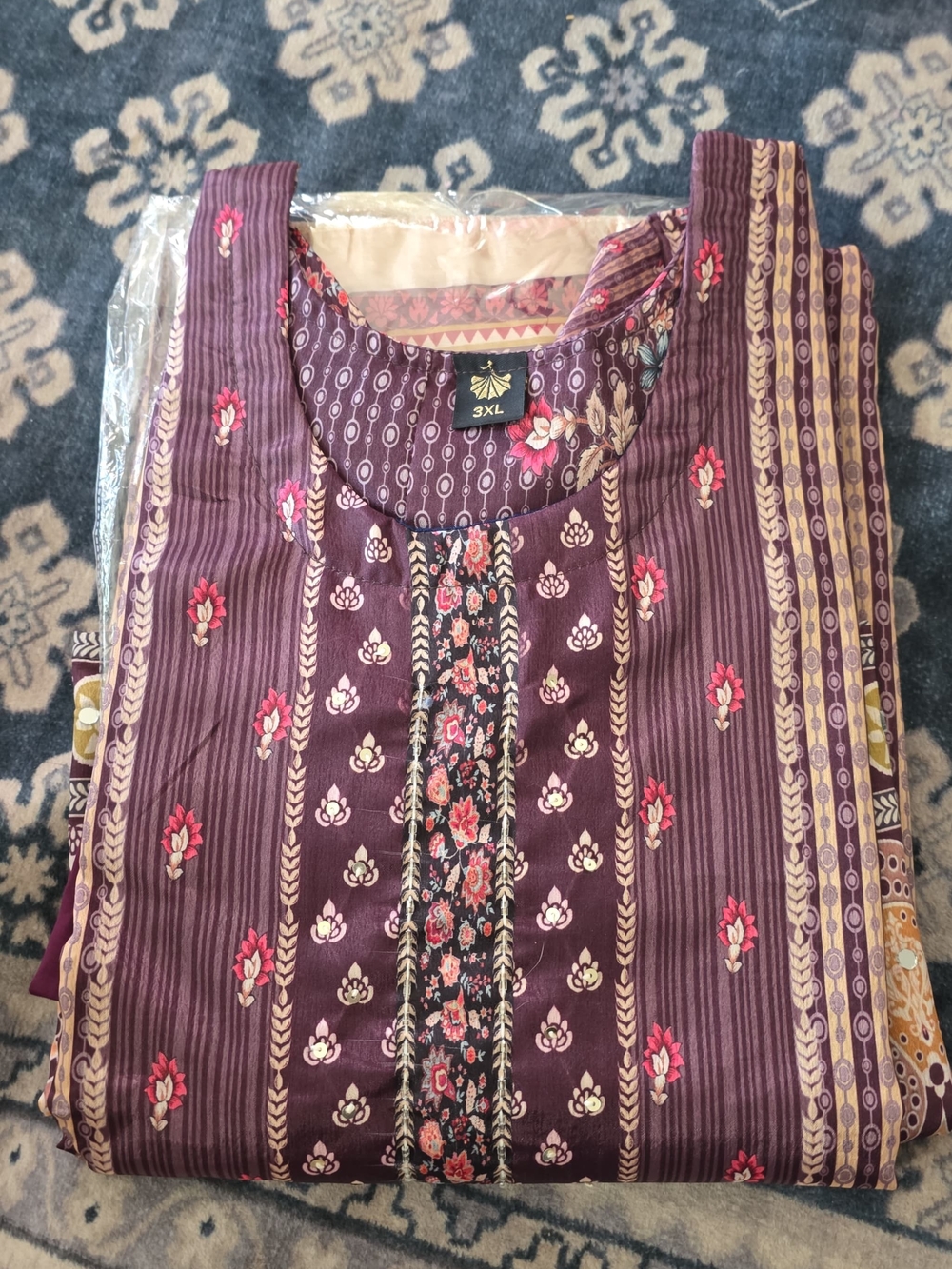 Wine Printed Salwar Kameez Set 3pc Set , 3xl ,top , Bottom, Shawl